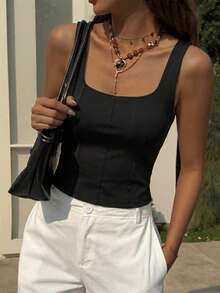 Solid Color Fitted Tank Top For Summer Vacation - Black - View 6