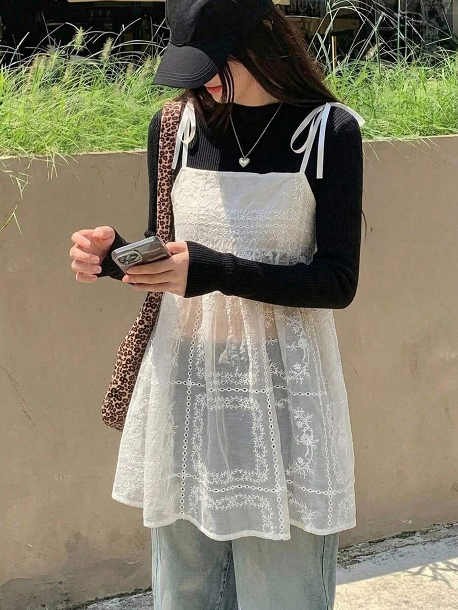 DAZY 女士夏季休闲纯色刺绣吊带背心 - 杏色 - 查看 1