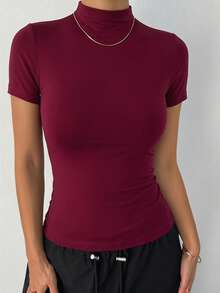 DAZY Kaos Dalam Wanita Lengan Pendek Slim Fit Leher Tinggi - Burgundy - View 2