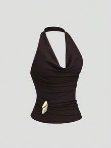 Sweetra Retro American Sexy Backless Crop Top, Black And Gold Tone, Waist Cinching Design With Metallic Buckle Accent, Elegant And Versatile For Summer - Brown - View 3