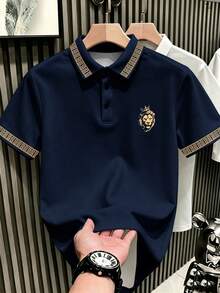 Lornexis 男士經典時尚休閒海軍藍領印花短袖 Polo 衫，獅子戴皇冠印花領短袖 Polo 衫 - 彩色 - 查看 1