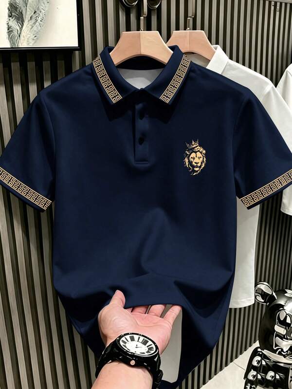 Lornexis Men's Classic Fashion Casual Navy Blue Collar Printed Short Sleeve Polo Shirt, Lion With Crown Print Collar Short Sleeve Polo Shirt