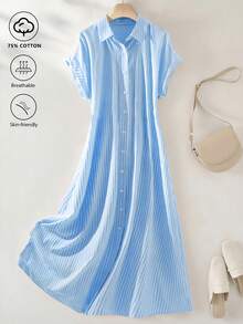 SHEIN LUNE 女款輕量條紋短袖洋裝，復古風格 - 藍白色 - 查看 1
