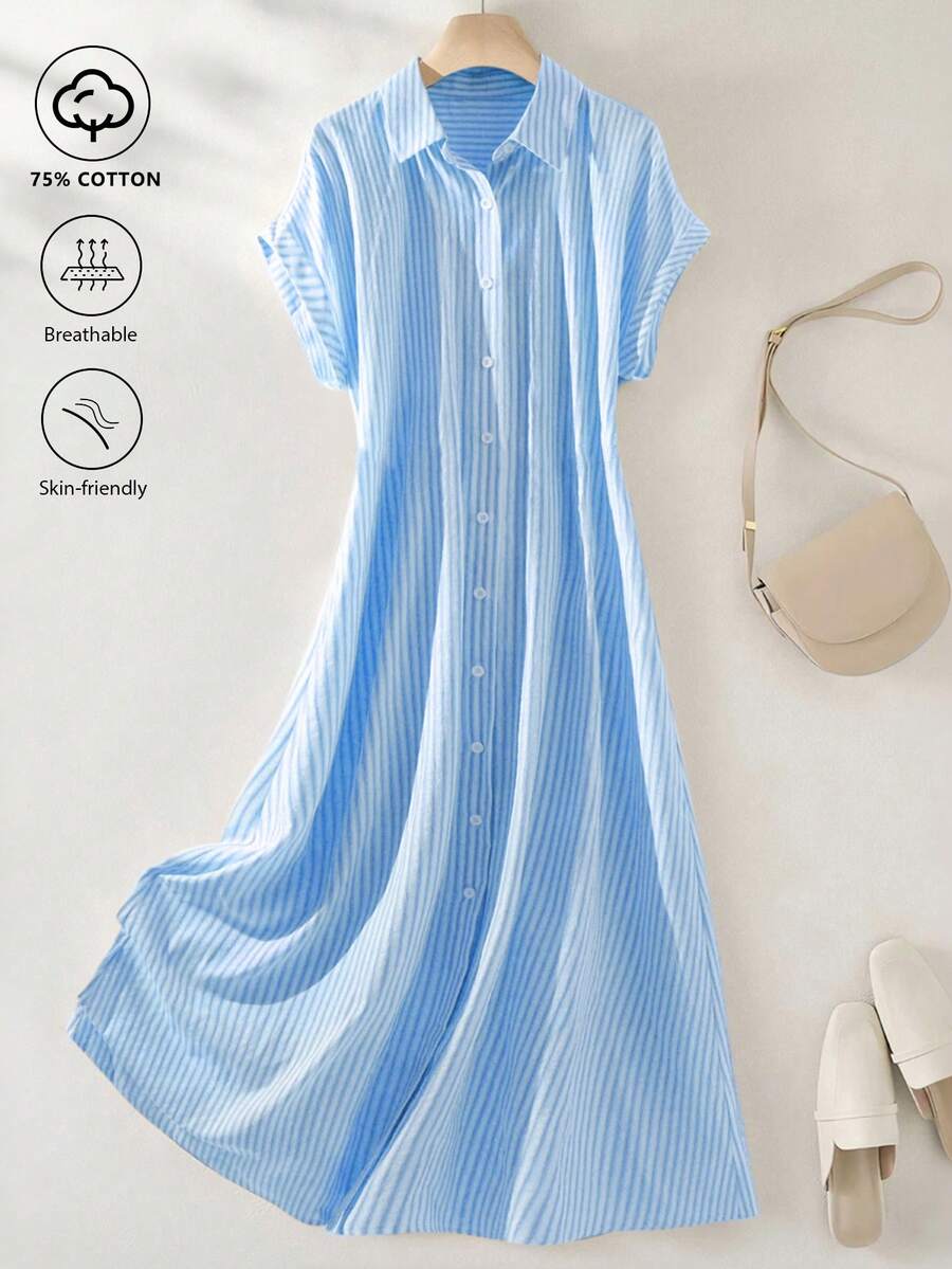 SHEIN LUNE 女款輕量條紋短袖洋裝,復古風格 - 藍白色 - 查看 1