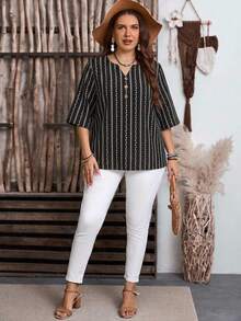 EMERY ROSE Plus Size Women V-Neck Button Striped Contrast Color Casual Shirt - Black - View 4