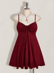 SHEIN ICON 大码女式纯色前系带褶皱吊带裙 - 酒紅色 - 查看 3