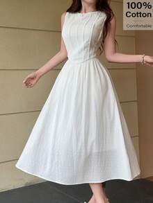 Feyla Women's Solid Color Round Neck Sleeveless Minimalist Mid-Length Summer Dress - White - View 7