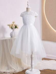 Wedding Summer Girls' Lace Patchwork Satin Half Sleeve Midi Dress, Ball Gown Performance, Birthday Party, Banquet, Christmas White Elegant - White - View 6