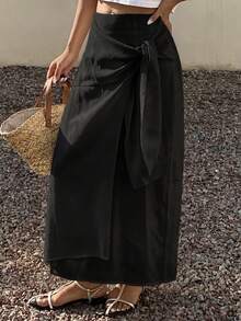 Falda blanca de mujer con diseño de lazo en la cintura, de estilo casual, suelto y de moda para primavera y verano, adecuada para el trabajo, el día a día y las vacaciones - Caqui 2 - Ver 8