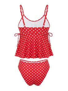 SHEIN Swim 大尺碼女款 2 件式碎花細肩帶開衩泳裝，優雅海灘度假坦克尼 - 紅白色 - 查看 7