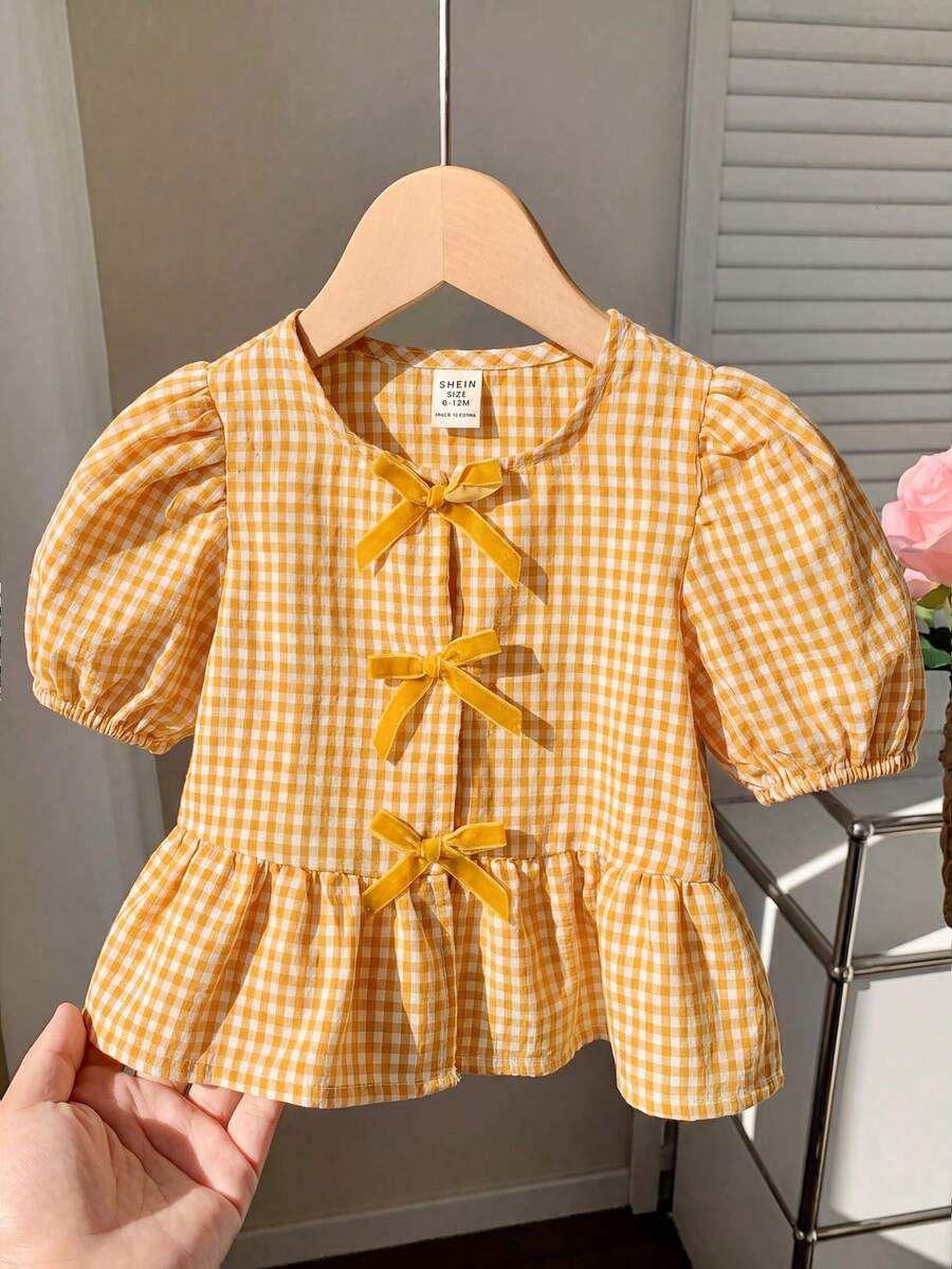 SHEIN 女婴可爱百搭格子蝴蝶结短袖上衣，夏季 - 黃色 - 查看 1