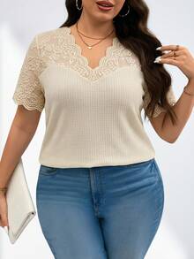 Chikora Plus Size Peach Summer Elegant Wedding Ninang Women Contrast Lace V-Neck T-Shirt,Fashion Casual Office Attire Work Tops Blouses Carnival Costume 2026 - Apricot - View 8