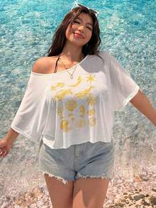 SHEIN EZwear 大尺碼女款海星印花不對稱單肩白色休閒T恤 - 鵝黃色 - 查看 4
