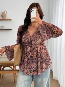 Enliva Plus Size Breathable Vintage Style Printed Tie-Front Long Sleeve T-Shirt, For Apple And Rounded Body Shape - Brown - View 7
