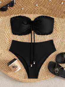 SHEIN Swim Women's Summer Beach Vacation New Cute Strapless Floral Ruffled Ditsy Floral Matching Delicate Pearl Pendant Drawstring Bikini Set - Black - View 4