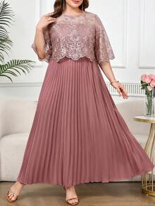 Reflora Plus Size Elegant Party Embroidered Mesh Patchwork Dress - Pink - View 4