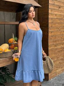 SHEIN LUNE 大码节日蓝色牛仔无袖连衣裙，无弹力，夏季服装 - 淺色水洗藍 - 查看 3