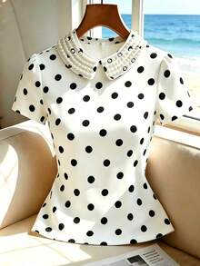 SHEIN Women's Pearl Peter Collar Short Sleeve T-Shirt Office Tea Party White And Black Polka Dot Summer Vintage Elegant - White - View 3