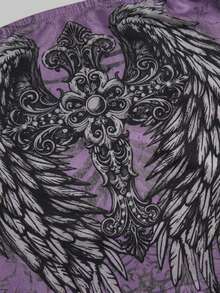 ROMWE Goth Women's Y2K Dark Rock Cross & Wing Print Fitted Cropped Tube Top - Purple - View 3