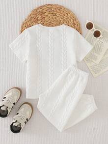 Cozy Pixies Young Boy Patch Round Neck Short Sleeve Polo Shirt And 3D Cable Knit Casual Long Pants Set - White - View 2