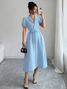 Selianne 泡泡袖V領收腰顯瘦顯優雅法式浪漫成熟女款洋裝 淺藍色 夏季早午餐茶會穿搭 - 淺藍色 - 查看 4