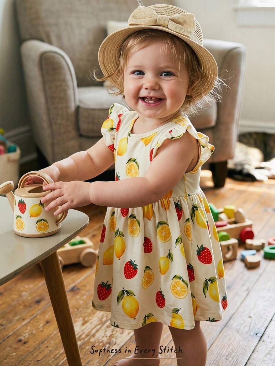 Cozy Pixies Baby Girl Fruit Pattern Round Neck Cap Sleeve Waist Dress, Versatile & Comfortable - Multicolor - View 1