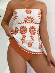 SHEIN Swim 两件套女士高弹绿色印花比基尼套装，包含印花抹胸上衣和纯色三角泳裤，优雅比基尼套装，适合春夏海滩派对，花朵泳衣，橙色泳衣，女士泳装，西式泳衣，女士沙滩装，全包覆式女士泳衣套装，女士沙滩装，夏季女士沙滩泳装，夏季服装。 - 橘色 - 查看 3