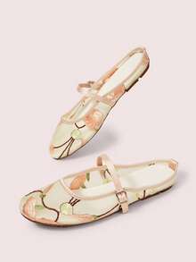 CUCCOO DOLLMOD Women's Shoes, Beige, Flower Embroidered Upper, Exposed Heel, Round Toe, Flat Bottom, Sweet, Cute, Comfortable And Casual. - Garden - Powder - View 3