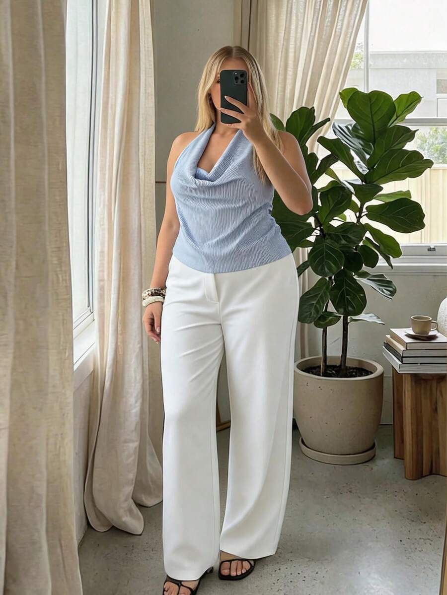 Auralis 藍白條紋深垂領掛脖露背上衣，性感優雅現代時尚大尺碼女裝，適合上班、派對、音樂節/藍條紋大尺碼掛脖寬鬆休閒度假上衣/半領背心/優雅通勤辦公穿搭/女妖風高級宴會穿搭/返校/教師制服/復古/浪漫/專業上衣