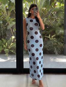 Bonvoyette 2026 Spring/Summer New White Polka Dot Contrast Color Sheer Round Neck Camisole Dress, Elastic, Slimming, Cute Elegant, Sexy Casual Style, Beach Golf - Blue - View 5
