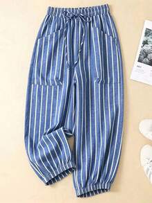 Pantalones casuales sencillos de bolsillo con lazo al frente de unicolor en talla grande, uso casual diario - Azul lavado oscuro - Ver 4