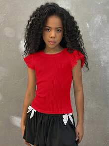 Coolane Kids Camiseta blanca sólida con volantes para niñas preadolescentes, ropa de calle de verano para vacaciones - Rojo - Ver 7