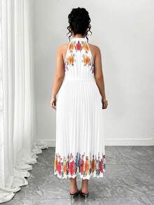 EMERY ROSE Plus Size Elegant Floral Print Halter Neck Pleated Dress, Summer - White - View 2