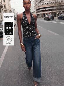 Maija Summer Women's Black Polka Dot Studded Top,70's Party Disco Backless Halter V-Neck Cami,Modern Metal Disc Decor Sleeveless Fitted Party Night Wear - White - View 1