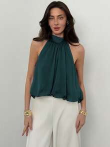 Aloruh Women's Summer Elegant Solid Color Pleated Halter Neck Top - Teal Blue - View 4
