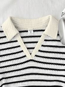 SHEIN Tween Girl Casual Street Fashion Commute School Style Knit Striped Short Sleeve T-Shirt - Black and White - View 3