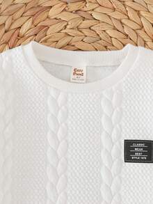 Cozy Pixies Young Boy Patch Round Neck Short Sleeve Polo Shirt And 3D Cable Knit Casual Long Pants Set - White - View 3