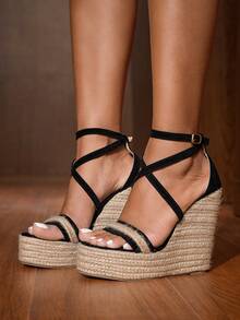 Glitzique Women's Elegant, Comfortable, Lightweight Fashion Black Sexy Charming Straw Rope Platform Wedge High Heel Sandals, Suitable For Vacation,Spring Summer Outfits - Black - View 4