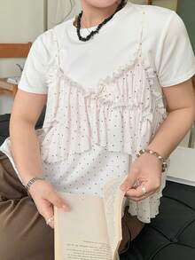 Dazy Plus 时尚波点网纱系带褶皱荷叶边宽松休闲百搭大码女式背心，春夏款 - 杏色 - 查看 6
