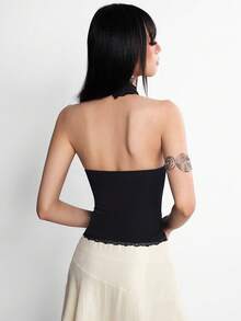 Rina Fox Áo croptop cổ yếm đính đá chữ cái gợi cảm theo phong cách năm 2026, áo thun không tay ren phong cách retro Y2K. - màu đen - Xem 2