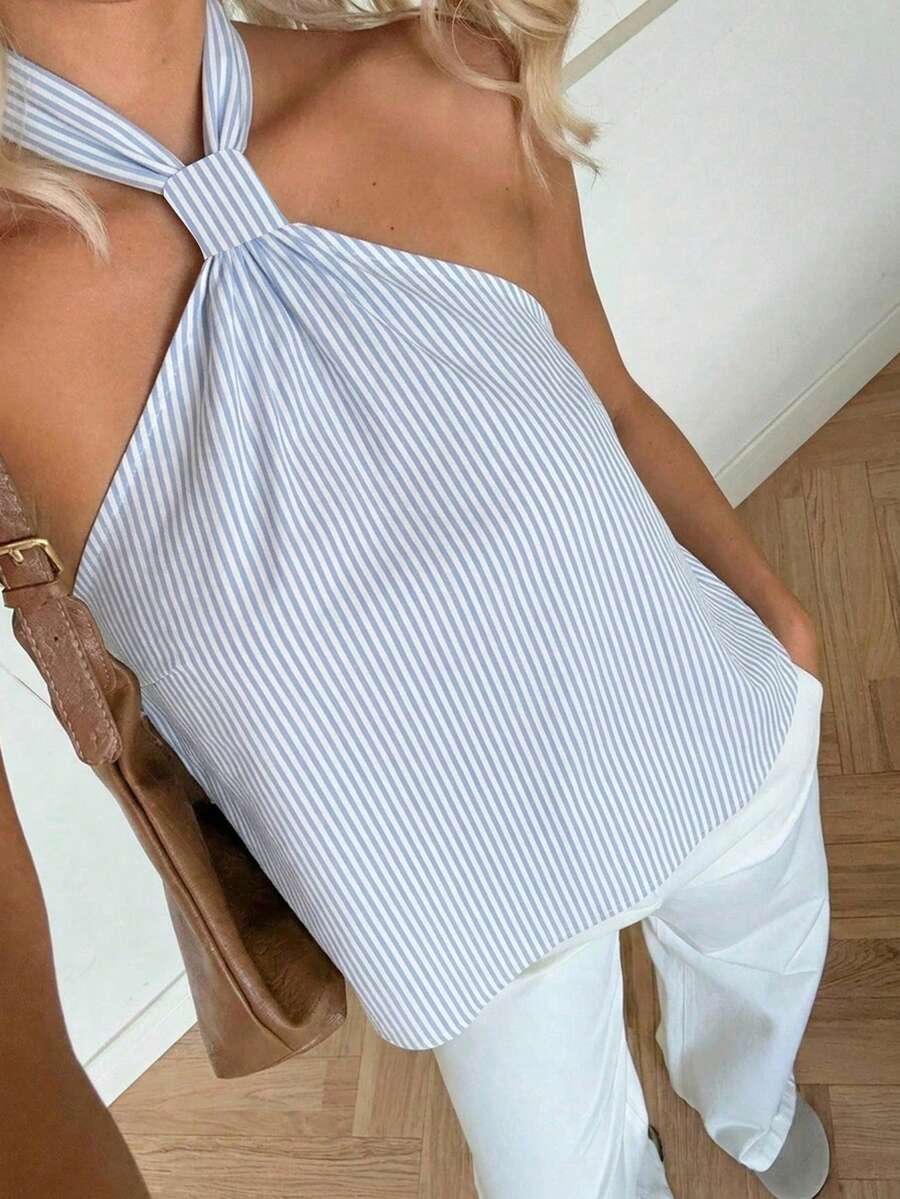 SHEIN EZwear 休闲简约风浅蓝色条纹印花露背上衣,百搭实用,适合春夏度假穿着 - 彩色 - 查看 1