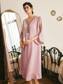 Côtesoire French Elegant Wedding Lounge Home 3D Lace Cuff Split Design Hem Ruffle Long Women's Nightgown Pink Autumn - Baby Pink - View 1