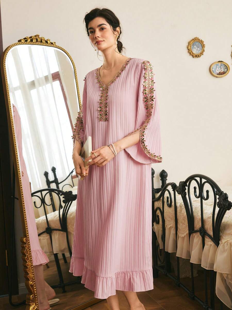 Côtesoire French Elegant Wedding Lounge Home 3D Lace Cuff Split Design Hem Ruffle Long Women's Nightgown Pink Autumn - Baby Pink - View 1