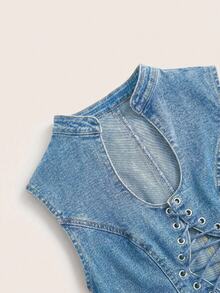 SHEIN ICON 女款無袖牛仔交叉綁帶短版上衣 - 淺色水洗藍 - 查看 3