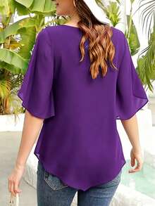 Tropvida Women's Solid Color V-Neck Short Sleeve Fashionable Blouse - Purple - View 2