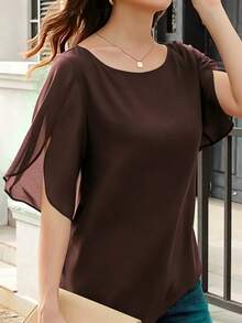 Tropvida Women's Solid Color Round Neck Split Sleeve Casual Loose Blouse - Brown - View 1