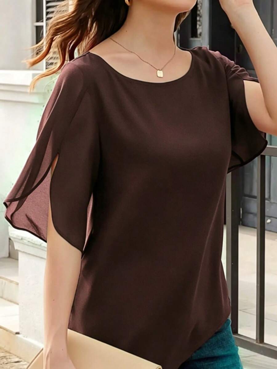Tropvida Women's Solid Color Round Neck Split Sleeve Casual Loose Blouse - Brown - View 1