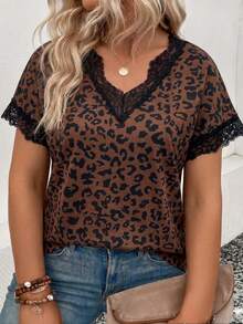 EMERY ROSE Women's Spring/Summer New Arrival Leopard Print Lace Patchwork Casual Versatile Plus Size T-Shirt - Multicolor - View 1