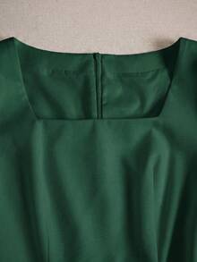 SHEIN Franclia Women's Pearl Collar Short Sleeve Square Neck Casual Slim A-Line Dress, Elegant Solid Color, Suitable For Guests, Banquets, Birthdays, Parties, Summer & Autumn, Apricot Color - Green - View 4