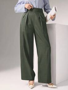 Heiryn Pleated High Waist Elegant Commuter Wide Leg Pants In Fall/Winter - Army Green - View 3